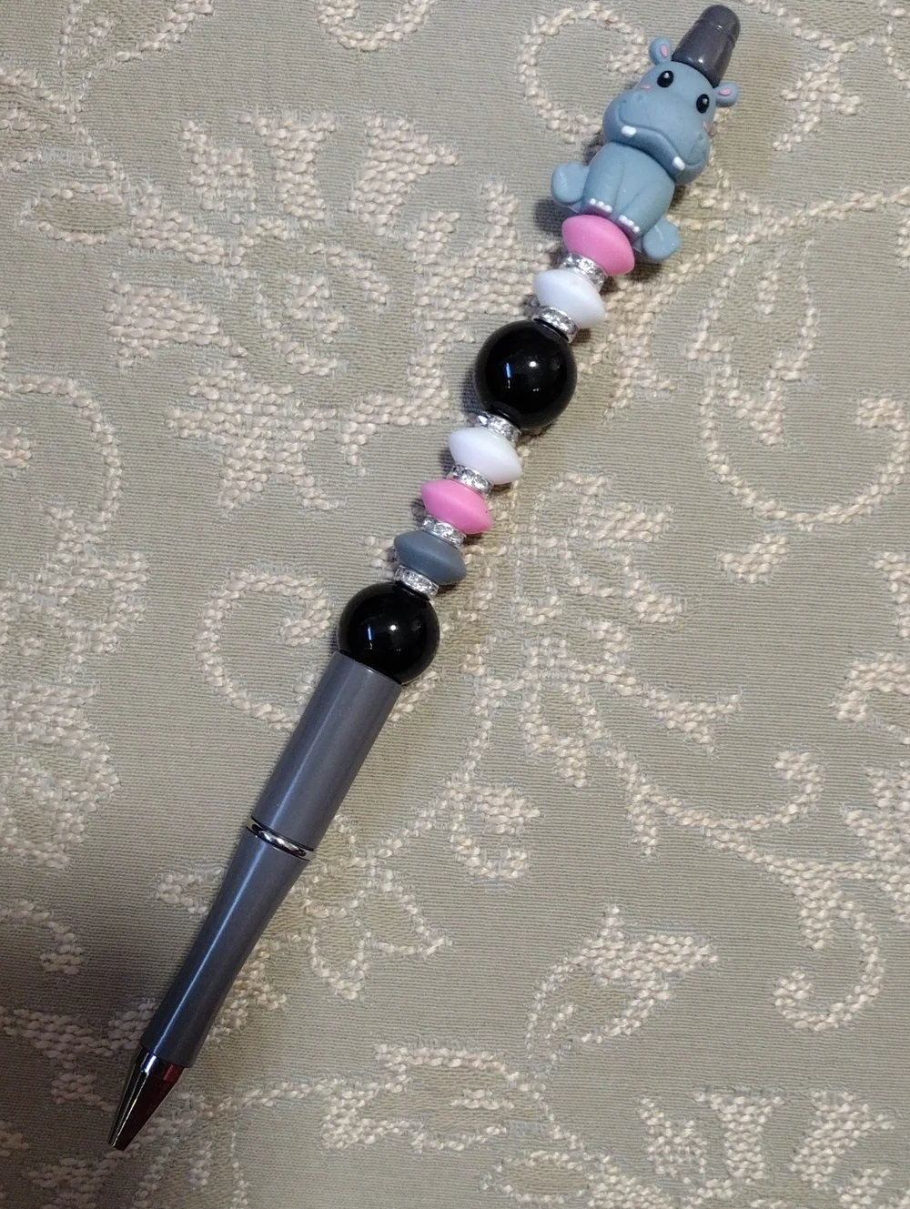 Gray and Pink Beaded Hippo Pen - Decorative Home Office Writing Pen